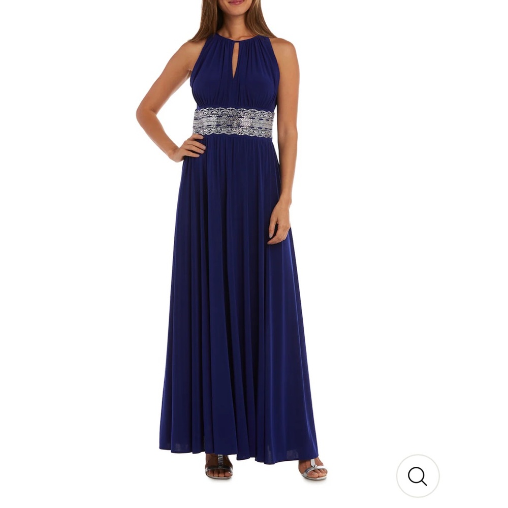 R&M Richards Blue Long Halter Dress With Rhinetone Waistline